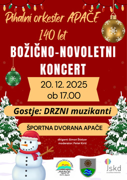 Vabilo PO APAČE_snežak, novoletni okraski in zasnežena drevesa ter in logotipi sponzorjev_