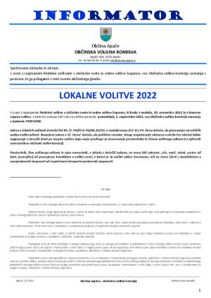 Informator 02.09.2022 - zveza: LOKALNE VOLITVE 2022_Opomba: objava obrazcev bo v ponedeljek, 5.9.2022